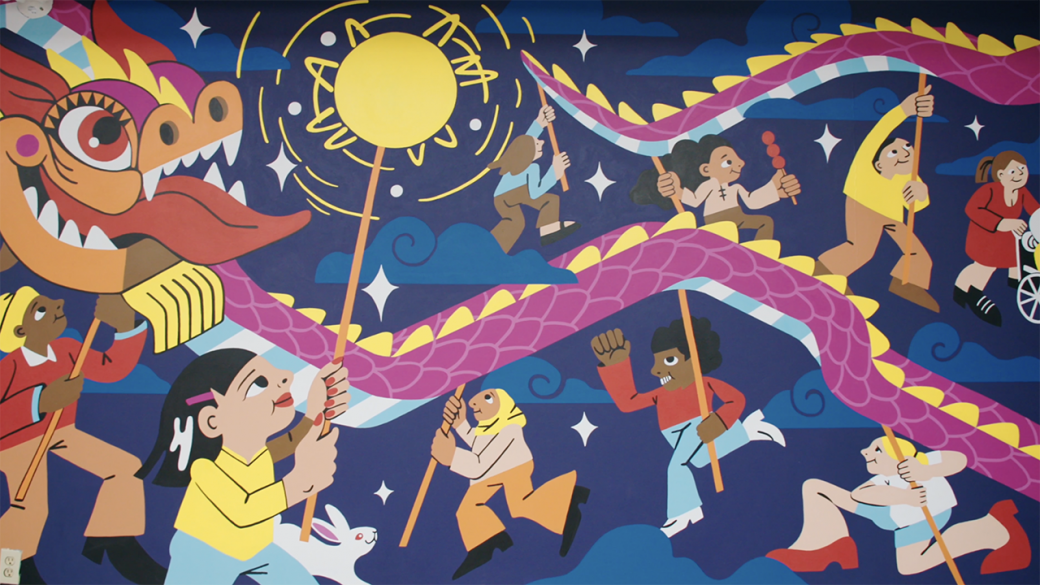 A colourful Lunar New Year mural with characters and a dragon