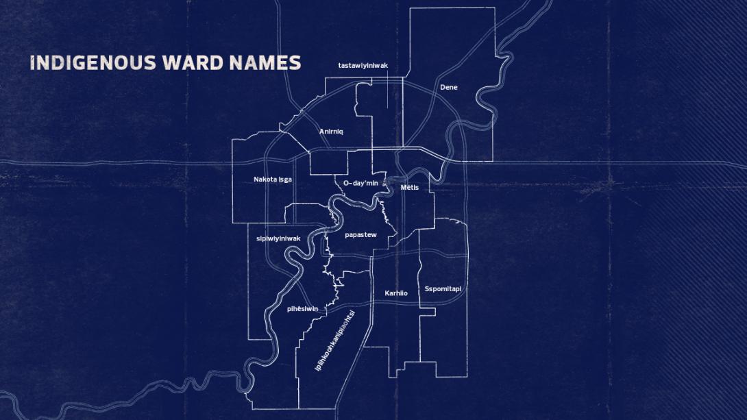 A map of Edmonton's wards showing the new boundaries and Indigenous names. 